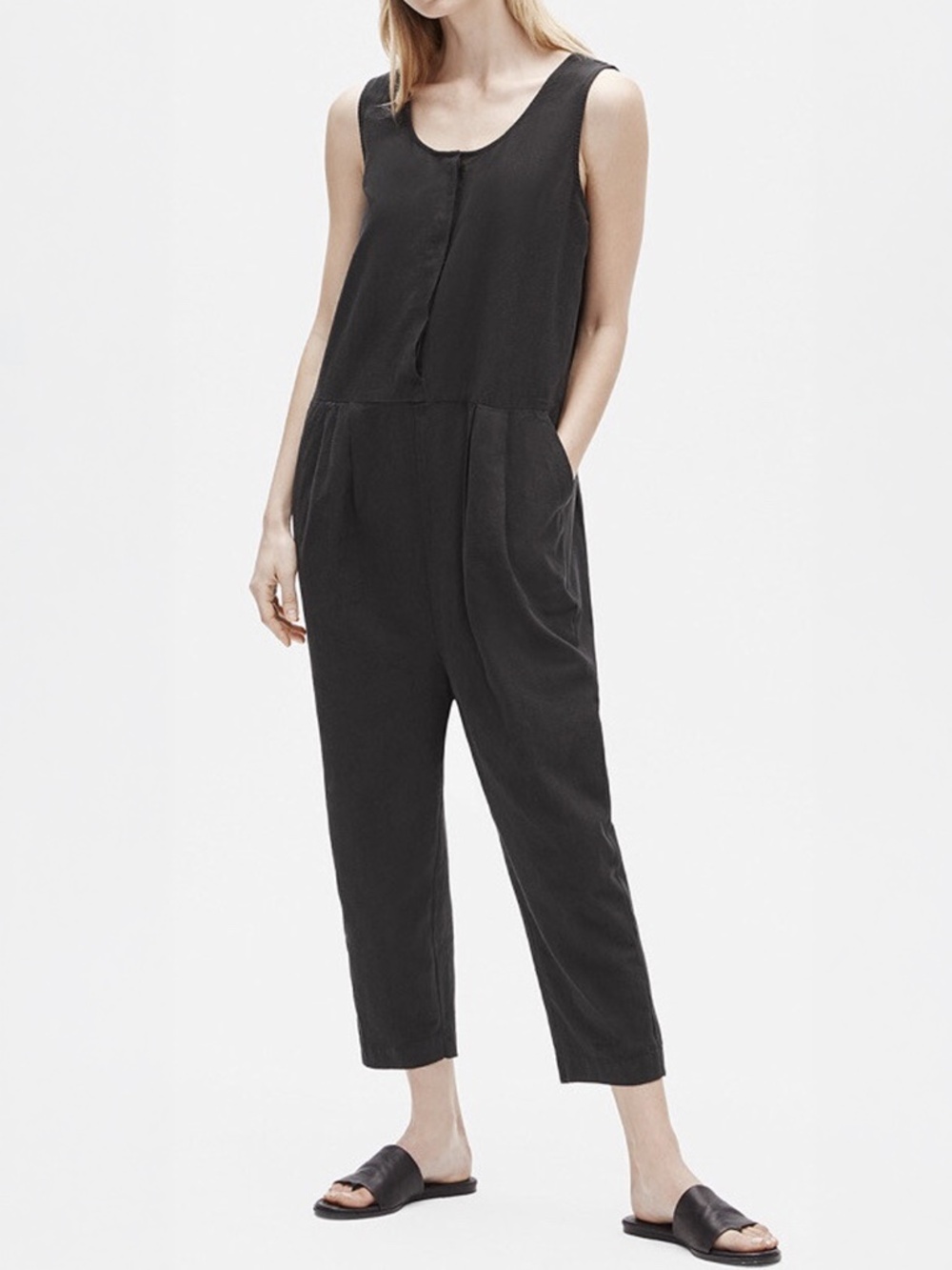 Eileen Fisher Organic Cotton Crepe Black Jumpsuit Button Front Large